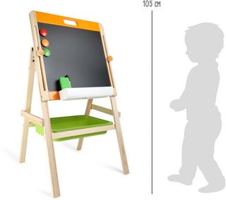 Double-sided chalk and magnetic board with shelves, adjustable