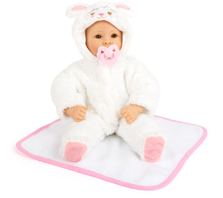 Baby doll in Lambkin outfit with pacifier and blanket