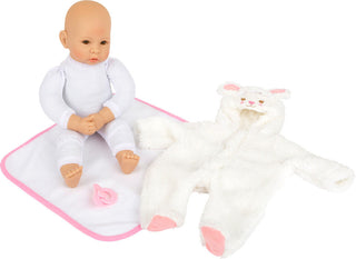 Baby doll in Lambkin outfit with pacifier and blanket