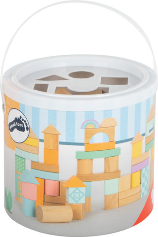 Pastel wooden blocks in a bucket - 50 pcs