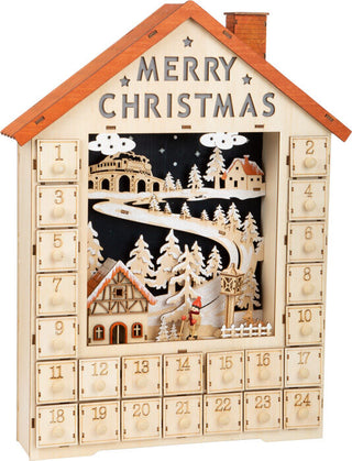 Advent calendar with lights and wooden drawers Merry Christmas