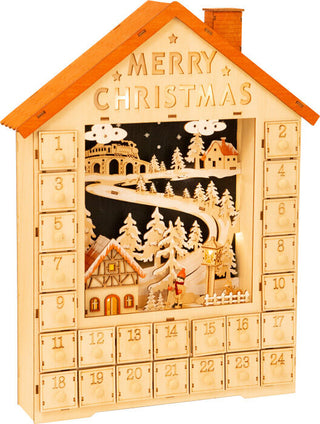 Advent calendar with lights and wooden drawers Merry Christmas