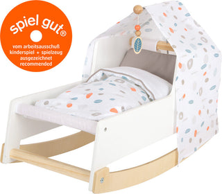 Wooden doll's bed cradle with bedding, Little Button
