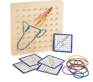 Wooden geoboard with rubbers and cards