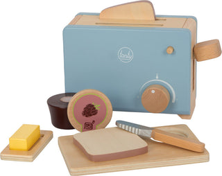 Toy wooden toaster with breakfast set Tasty