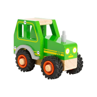 Wooden tractor with rubber tires