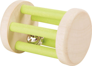 Cylindrical wooden rattle with a bell