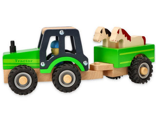 Wooden tractor with trailer and animals
