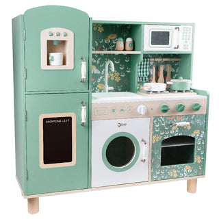 Large green vintage wooden kitchen with refrigerator