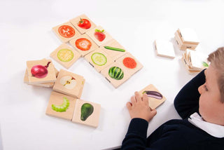Connecting fruits and vegetables - realistic wooden tiles, 28 pcs