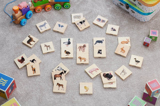 Connecting the family of domestic animals - realistic wooden tiles, 28 pcs
