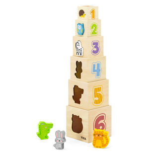 Stackable wooden cube tower, sorter with transparent surfaces