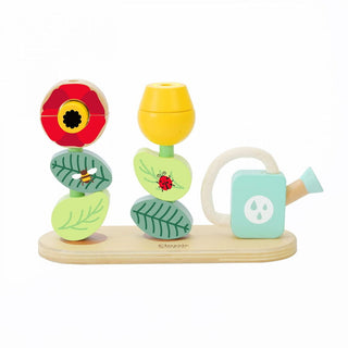 Stacking rings flower garden with watering can, wooden pyramid