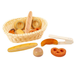 Toy wooden bread basket with tongs Fresh