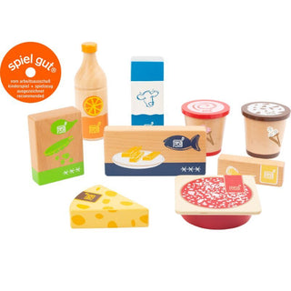Toy wooden food products for the fridge Fresh