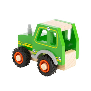 Wooden tractor with rubber tires