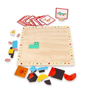 A creative magnetic game with cards and a wooden base