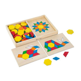 Melissa & Doug pattern tangram game in a wooden mosaic box with bases