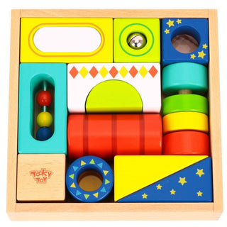 Colorful sensory feeling blocks in a wooden frame, 12 pcs
